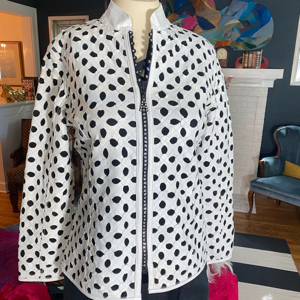 Stillman Studio white leather mesh cutout jacket circle appliqués diamond zipper